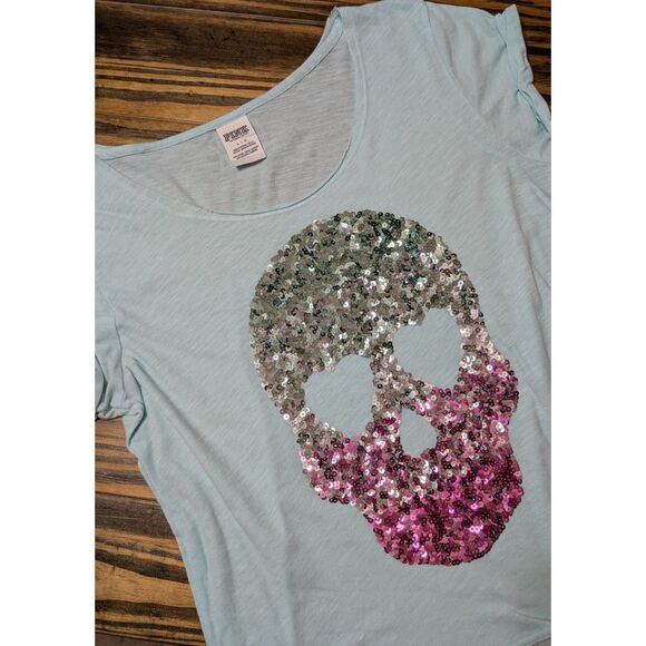 -RARE-VS PINK 2013 Ombre Sequin Skull T-Shirt Excellent Large - Picture 1 of 6